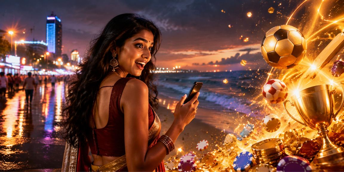 Mobile casino gaming scene at Chennai Marina beach with neon lights