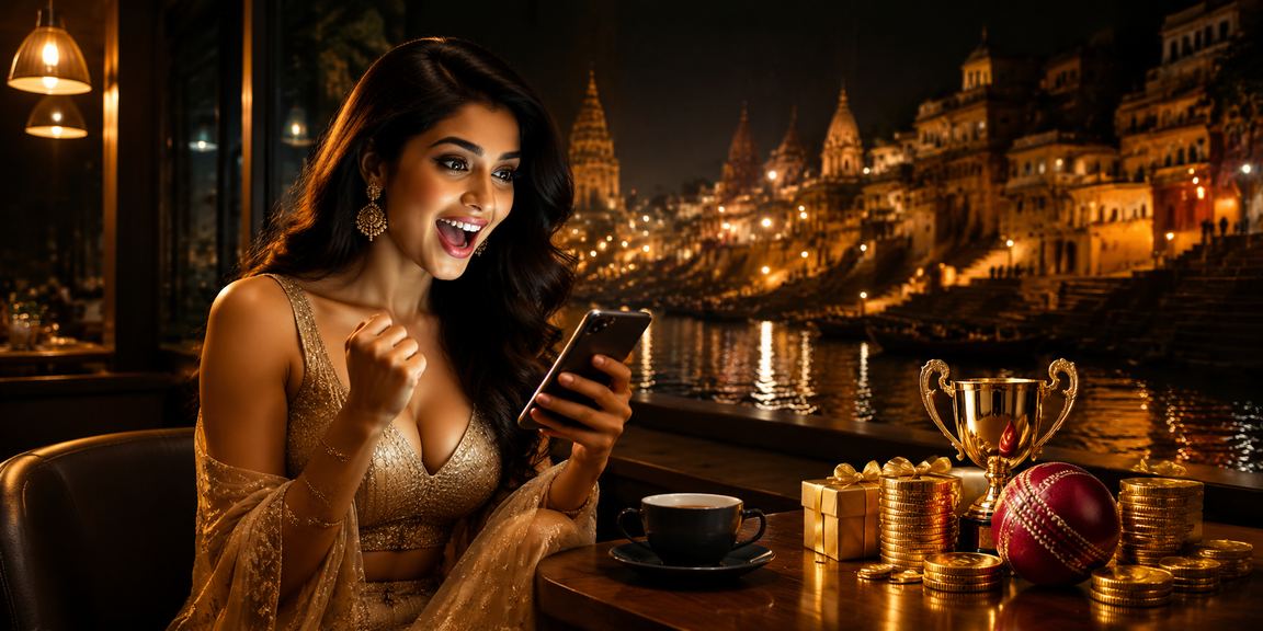 Friends watching cricket and playing Teen Patti in Bollywood style setting near Varanasi