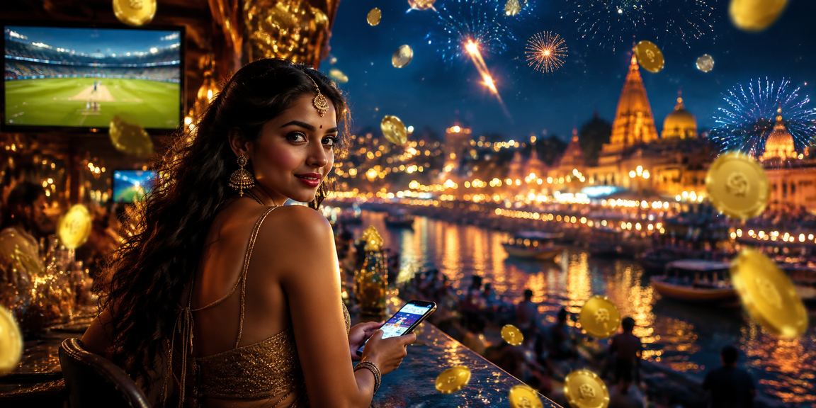 Player enjoying Teen Patti game on mobile devices by Varanasi ghats