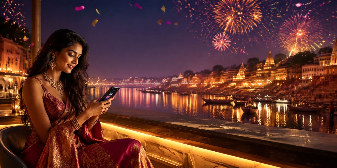 Young man enjoying mobile Aviator game by the riverfront in Varanasi